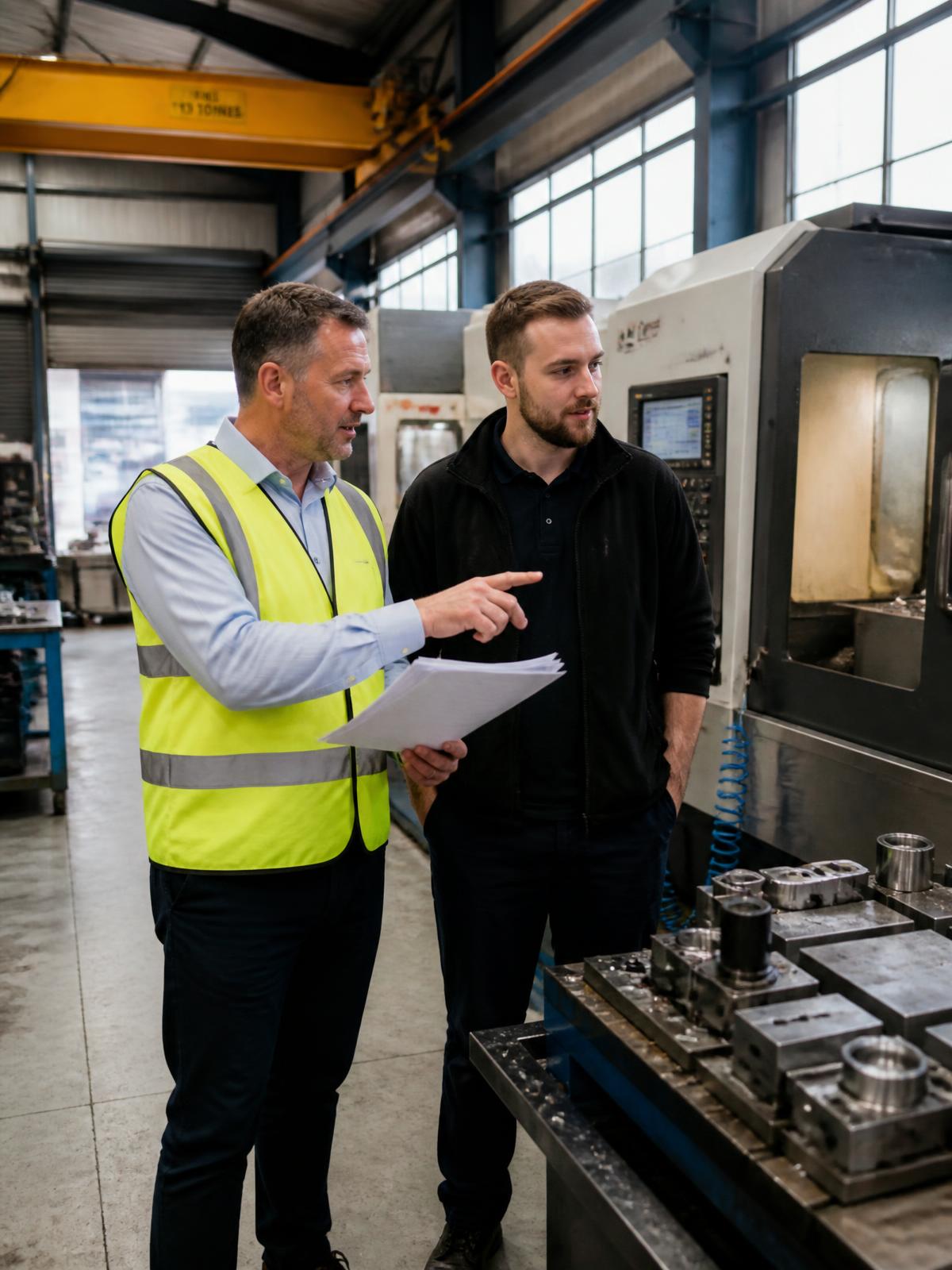 ISO consultant reviewing manufacturing processes alongside a client engineer on the shop floor
