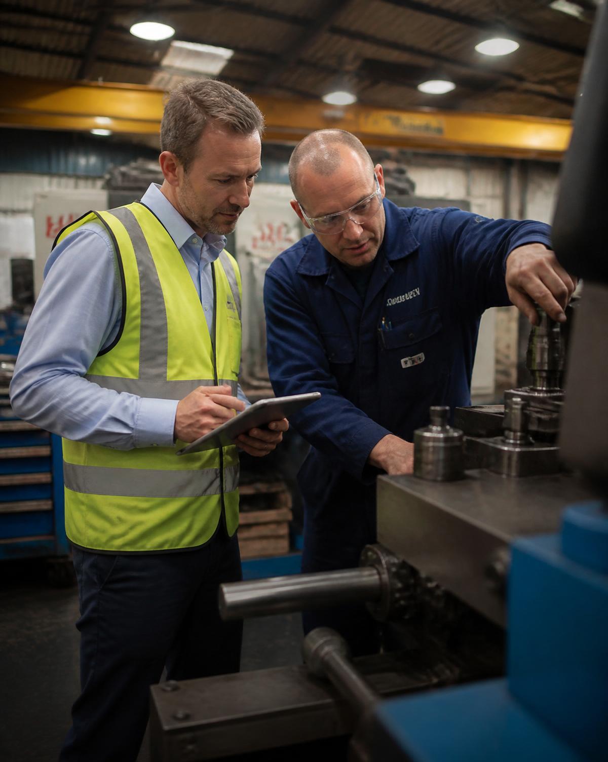ISO compliance consultant reviewing a manufacturing process on-site with an engineering client